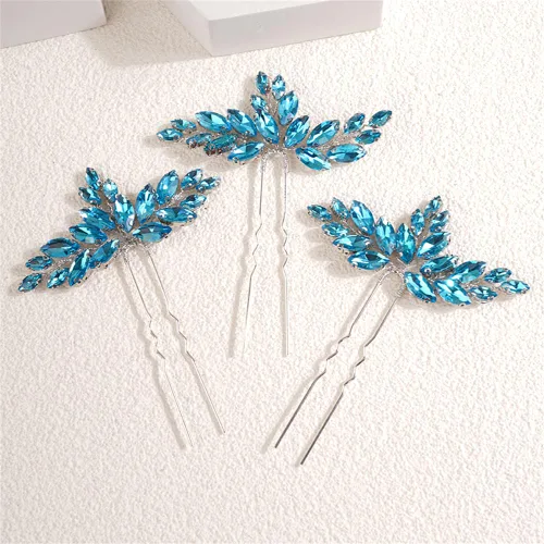 Miniatura 2 de Juego de horquillas y diadema de diamantes de imitación de cristal, piezas de lágrima para niñas de flores nupciales (3 piezas) (azul claro)