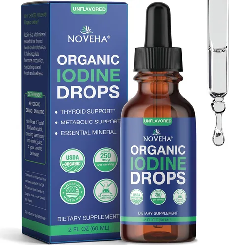 Miniatura 10 de NOVEHA Gotas de yodo Suplemento orgánico de yoduro de potasio Apoyo diario para la función tiroidea y el bienestar 250 mcg por porción USDA