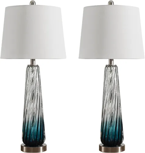 Miniatura 7 de Maxax Juego de 2 lámparas de mesa de cristal costero de 29 pulgadas, modernas lámparas de noche azules para sala de estar, lámpara de dormitorio