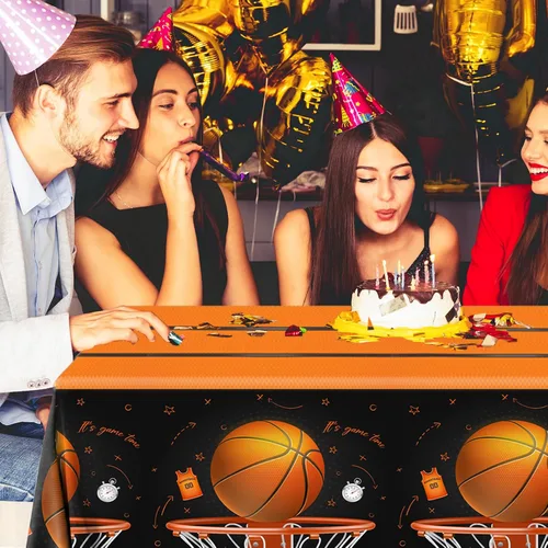 Miniatura 2 de CMUSKO Mantel de baloncesto, 3 piezas de decoración de cumpleaños de baloncesto, manteles rectangulares de plástico, manteles desechables