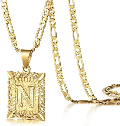 KissYan Collar Figaro con dije y letra inicial para hombres y mujeres collar chapado en oro de 18 quilates con dije de monograma cuadrado letras del