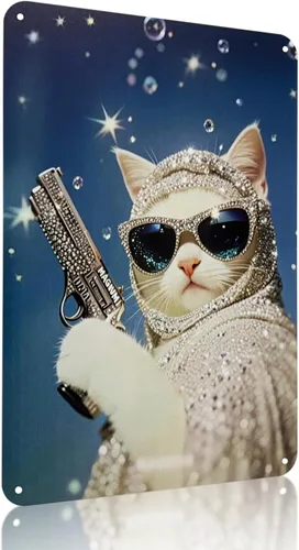 Miniatura 8 de Ydeaom - Divertido arte de pared de metal con diseño de gato, letrero de hojalata vintage con marco retro, póster de animales caprichosos para bar