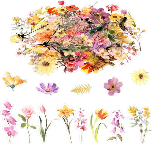 Miniatura 10 de 160 piezas de calcomanías de flores naturales para álbumes de recortes, calcomanías autoadhesivas para álbumes de recortes, suministros para diario