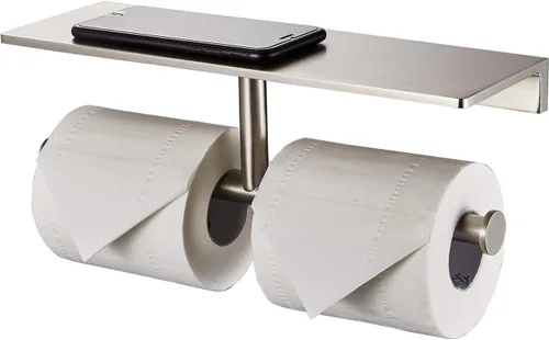 Miniatura 8 de Soporte de papel higiénico de doble rollo con estante de latón macizo y dispensador de pañuelos de estilo hotelero superior, almacenamiento