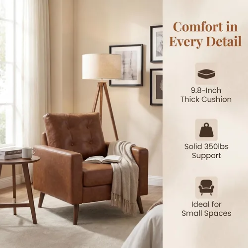 Miniatura 10 de HNY Sillón moderno de mediados de siglo, silla decorativa de piel sintética con botones y reposabrazos, silla tapizada para sala de estar