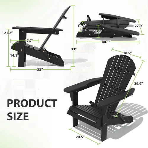 Miniatura 2 de Folding Adirondack Chair,Ergonomic Patio Wood Chairs with Wide Armrest,350LBS Weather Resistance Lawn Chair for Poolside,Outdoor Garden Lounge Black