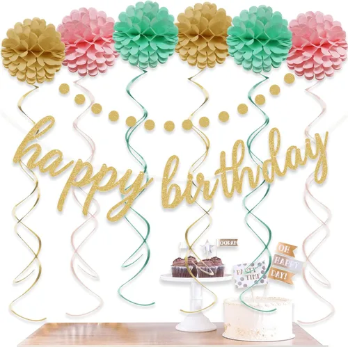 Miniatura 4 de Decoraciones de feliz cumpleaños rosa y dorado – Cartel dorado de feliz cumpleaños, flores con pompones, guirnalda de puntos circulares brillantes