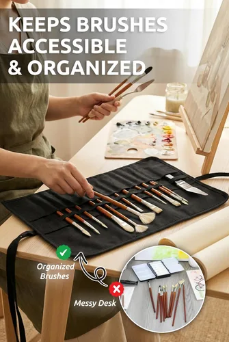 Miniatura 5 de DUGATO Soporte enrollable para pinceles de pintura de 30 ranuras, organizador de pinceles de lona premium para artistas, estuche de viaje lavable