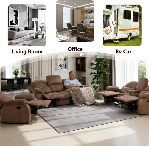 Miniatura 6 de Sofá reclinable manual moderno, sofá reclinable de cuero de 3 plazas, sofá reclinable de sala de estar, sofá con portavasos y mesa abatible