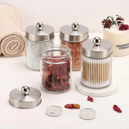 Miniatura 5 de Tbestmax Dispensador de soporte de vidrio Qtip, recipientes de baño de 10 onzas, tarros de boticario con tapas de metal para hisopos de bolas