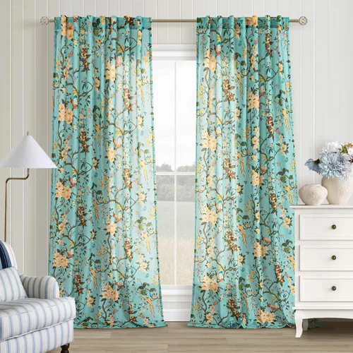 Miniatura 10 de Cortinas de lino florales azules y amarillas, estilo vintage, bohemio, de 63 pulgadas, 2 paneles con pestaña trasera para sala de estar