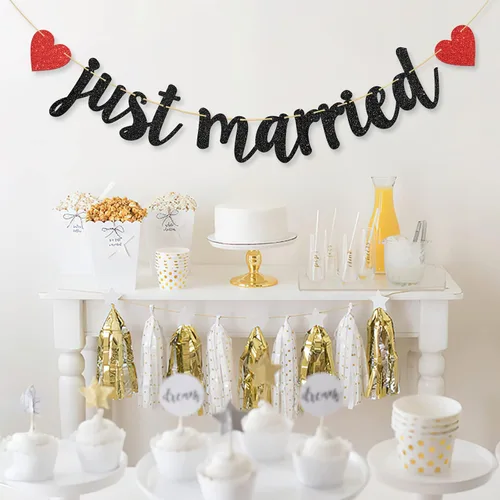 Miniatura 4 de Cartel de Just Married – Cartel de boda – Decoración de despedida de soltera de boda (negro y rojo)