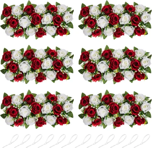 Miniatura 19 de NUPTIO Centros de mesa de flores artificiales para mesas, 6 unidades, color borgoña, rosa polvorienta y blanco cremoso, arreglos de rosas falsas