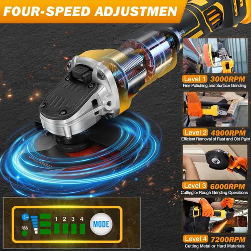 Miniatura 5 de bellaDimora Amoladora angular inalámbrica para DeWalt 20V MAX, motor sin escobillas, 4.5 pulgadas, 4 velocidades 3000-7200 RPM, freno de emergencia