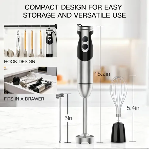 Miniatura 7 de Megawise Batidora de Mano de Alta Potencia – 400W de Potencia Máxima con Accesorios Versátiles 3 en 1 (Eje Mezclador, Batidor, Picadora); Diseño