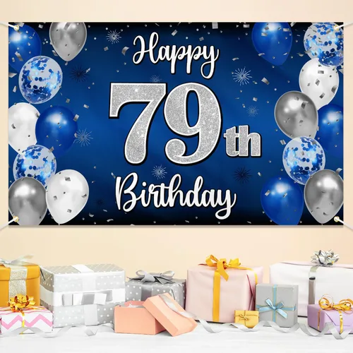 Miniatura 270 de Decoración de feliz cumpleaños 35, globo azul y plateado de 35 años, cartel grande de telón de fondo de cumpleaños, suministros para fiesta de 35th