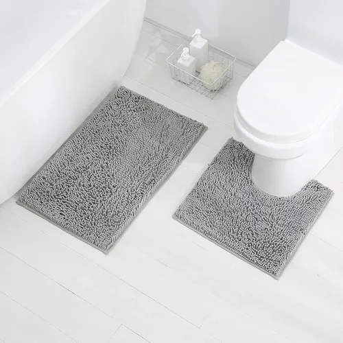 Miniatura 28 de LanYunUmi Juego de 2 alfombras de baño de felpilla chenille antideslizante color gris oscuro, tapete de baño extra suave y absorbente para ducha