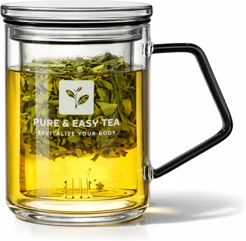 Pure And Easy Tea, Taza de Té con Infusor de Vidrio y Tapa - Moderna Taza de Infusión Borosilicato con Filtro, Sin Plástico, El Té Más Puro para