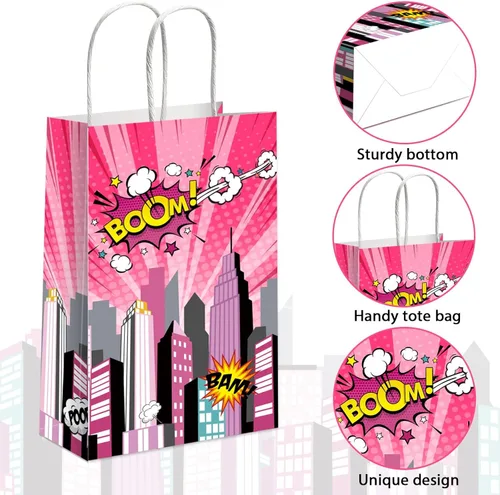 Miniatura 2 de gisgfim 12 piezas de bolsas de suministros para fiesta temática de Super Girl, bolsas de papel para golosinas y tratamientos de cumpleaños