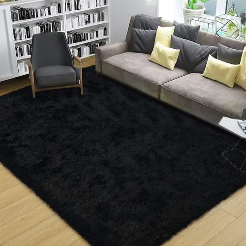 Miniatura 3 de DweIke Alfombras Negras Esponjosas para Dormitorio y Sala de Estar, 3x5 Pies Alfombra Suave de Felpa Shaggy Oscura para Niñas y Niños, Negro
