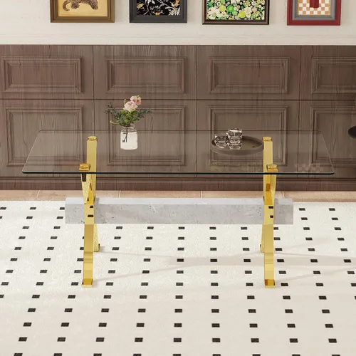 Miniatura 4 de Dining Table. Modern Tempered Glass Dining Table. Large Modern Office Desk with Gold Plated Metal Legs and Gray crossbars, Suitable for Both Home