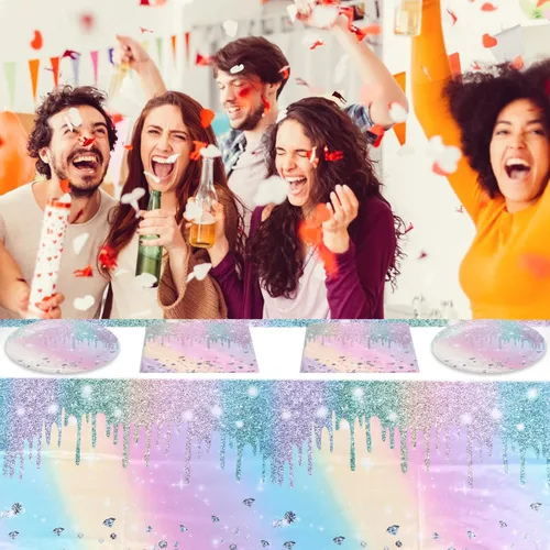 Miniatura 7 de Suministros de decoración de fiesta de cumpleaños con diamantes iridescentes, juego de vajilla de papel holográfico desechable incluye 20 platos, 20