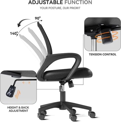 Miniatura 6 de Silla de oficina ergonómica, silla de escritorio de malla con respaldo medio, silla de computadora, color negro Soporte lumbar, modo oscilante