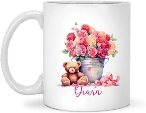 Tazas de cerámica personalizadas del cubo de rosas con nombre, Taza de flores, Taza de café de flores de rosas personalizadas, Taza de té floral