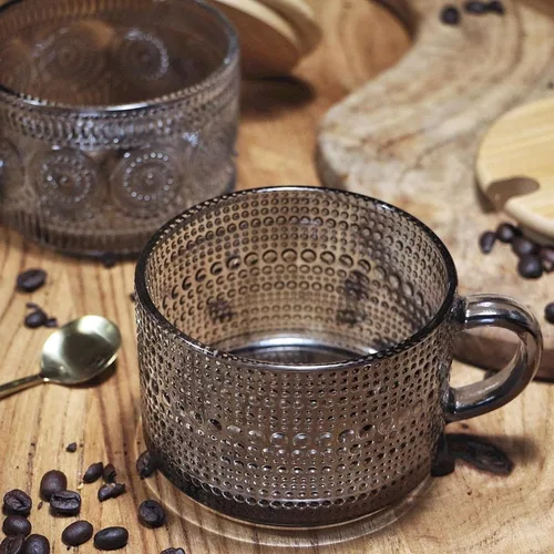 Miniatura 4 de Tazas de café de vidrio vintage, juego de 2 tazas de té de cristal en relieve de 14 onzas para desayuno, postre, capuchino, latte, cereales, yogur