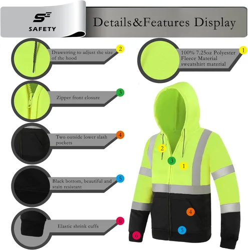 Miniatura 4 de sesafety Sudadera de seguridad de alta visibilidad para hombre, sudadera con capucha reflectante con cremallera clase 3, sudadera con capucha