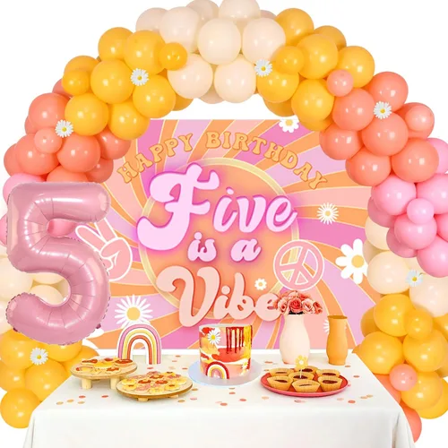 Miniatura 8 de Cheereveal Five is a Vibe - Decoraciones de fiesta de cumpleaños, Groovy Kit de guirnalda de arco de globos de 5º cumpleaños – Globo de aluminio