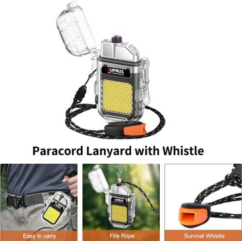 Miniatura 6 de SUPRUS Mechero impermeable de 3 modos de linterna, encendedor resistente al viento, eléctrico de arco doble recargable, encendedor de plasma de arco