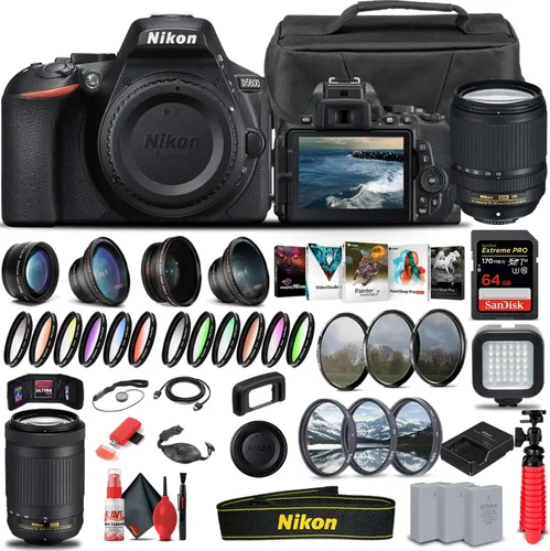 Nikon Cámara D5600 DSLR con lente de 0.709-5.512 in (1577) + lente Nikon de 2.756-11.811 in + tarjeta de memoria de 64 GB + funda + software Corel