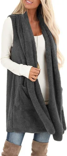 Miniatura 2 de ReachMe Chaleco de sherpa sin mangas para mujer con bolsillos con solapa frontal abierto de forro polar, suéter mullido