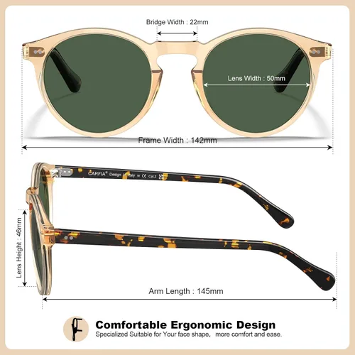 Miniatura 20 de CARFIA Gafas de sol redondas de acetato para hombre, polarizadas, protección UV, gafas de sol clásicas retro CA5289L