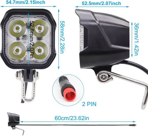 Miniatura 2 de Faro eléctrico para bicicleta, 4 piezas LED de 400 lúmenes, compatible con 24 V, 36 V, 48 V, conector impermeable de 2 pines, luz delantera
