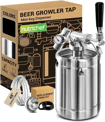 NutriChef Sistema de Grifo para Barril Presurizado, Dispensador de Mini Barril de Acero Inoxidable Portátil de 64oz, Kit de Kegerator con Regulador