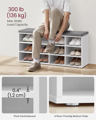 Miniatura 5 de VASAGLE CUSTOS Collection - Banco de zapatos, banco de almacenamiento con asiento acolchado, banco de entrada con 12 compartimentos, para Blanco +