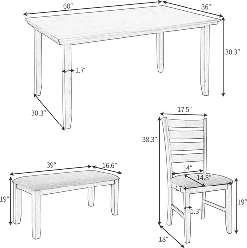 Miniatura 6 de Mesa y sillas de comedor con banco, juego de comedor de madera rústica, juego de 6 (gris)