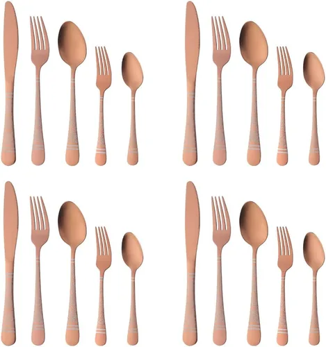 Miniatura 10 de Juego de cubiertos martillados dorados para 4, 20 piezas, diseño único de acero inoxidable, incluye cuchillos, tenedores, cucharas, esmalte de Oro