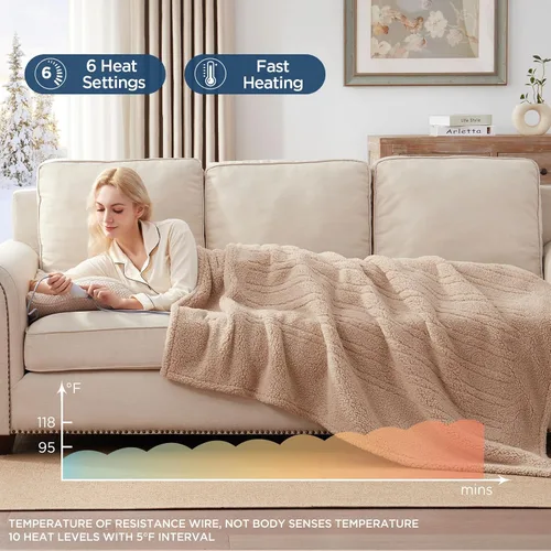 Miniatura 4 de Westinghouse Manta Eléctrica Tamaño Throw, Manta Térmica de Felpa Sherpa Suave con 6 Niveles de Calefacción y 2-10 Horas de Apagado Automático, Camel