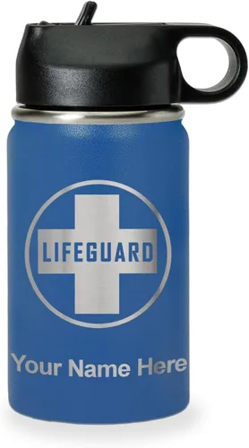 Miniatura 62 de LaserGram Botella de agua personalizada, salvavidas, acero inoxidable de doble pared aislada al vacío con popote superior, regalo grabado Negro