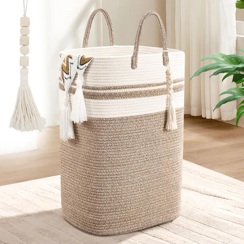 Miniatura 16 de Cesta Tejida de 65L para Ropa, Grandes Cestas de Lavandería Rectangulares con Cuentas y Borlas, Cesta de Almacenamiento para Guardería para Marrón