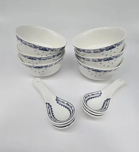 Miniatura 5 de Juego de vajilla azul y blanco de porcelana de hueso de 28 piezas para 6 cuencos de arroz Jingdezhen, (loto azul)