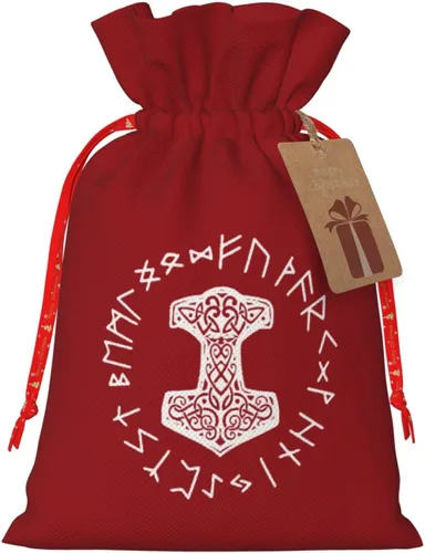 BYOBLU Vikings Mjolnir y Rune Wheel - Bolsas de regalo de Navidad, con cordón y etiquetas reutilizables