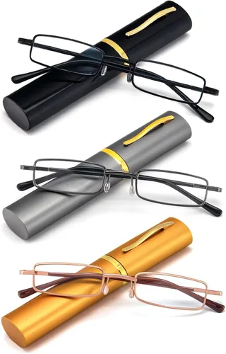 Miniatura 10 de REAVEE - 2 unidades de gafas de lectura con bolígrafo delgado para hombres y mujeres, tamaño pequeño de bolsillo, tubo con bisagra de resorte