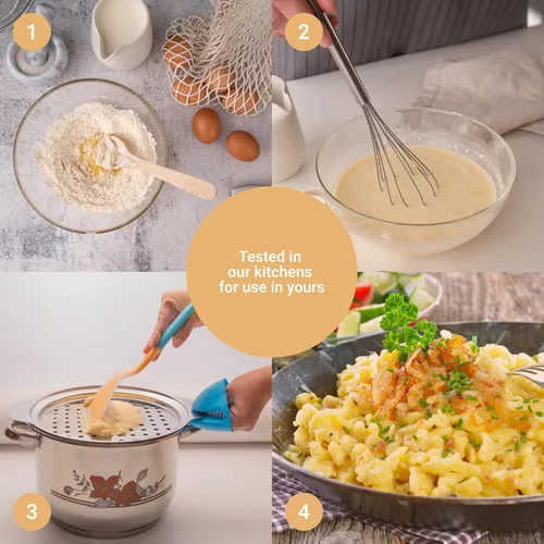 Miniatura 5 de Spaetzle - Juego de tapa con espátula de silicona y 2 tazas medidoras, herramienta de fideos alemanes, utensilio de acero inoxidable Spaetzle