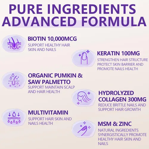 Miniatura 4 de Gomitas para el cabello, piel y uñas, multivitamínico para el crecimiento del cabello, con colágeno y queratina para mujeres, sabor a fresa sin