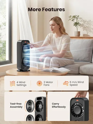 Miniatura 4 de Warmco Ventilador de torre de escritorio para dormitorio, ventilador de escritorio de alta velocidad de 19.7 ft/s de doble motor con 4 velocidades