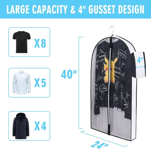 Miniatura 18 de Bolsas de ropa de 50 pulgadas para colgar ropa, fundas transparentes a prueba de trajes con refuerzos de 4 pulgadas para almacenamiento en armario